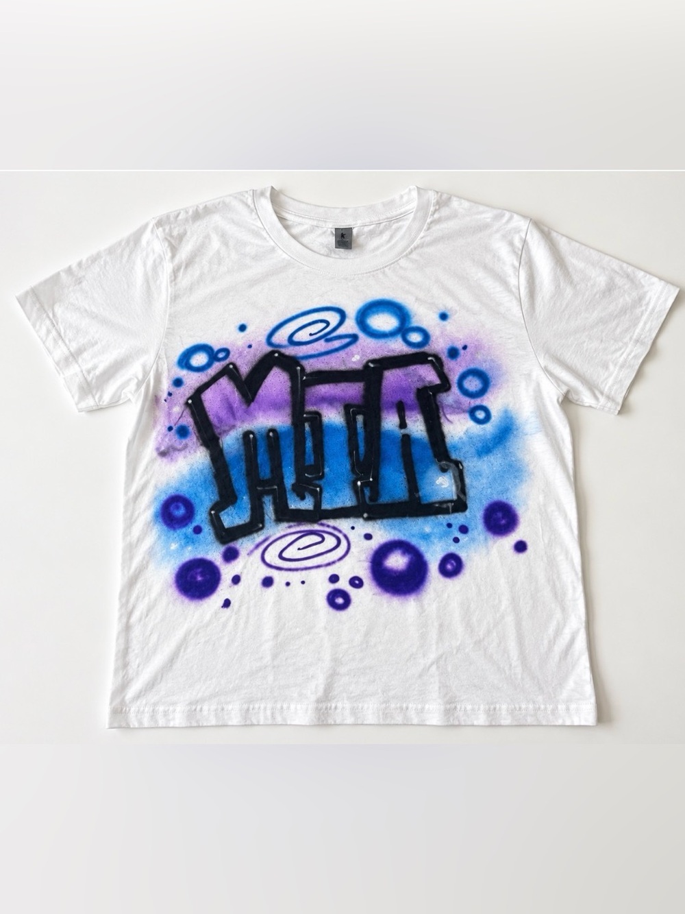 White Short Sleeve Tee with Blue & Purple Airbrush Name “Mia” Graffiti